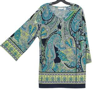 Susan Graver Tunic Top 3/4 Sleeve Paisley Boho Resort Statement Blue Green 1X